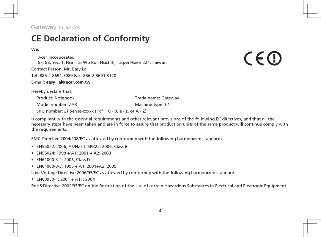 Gateway ZA8 manual CE Declaration of Conformity, Maileasylai@acer.com.tw 