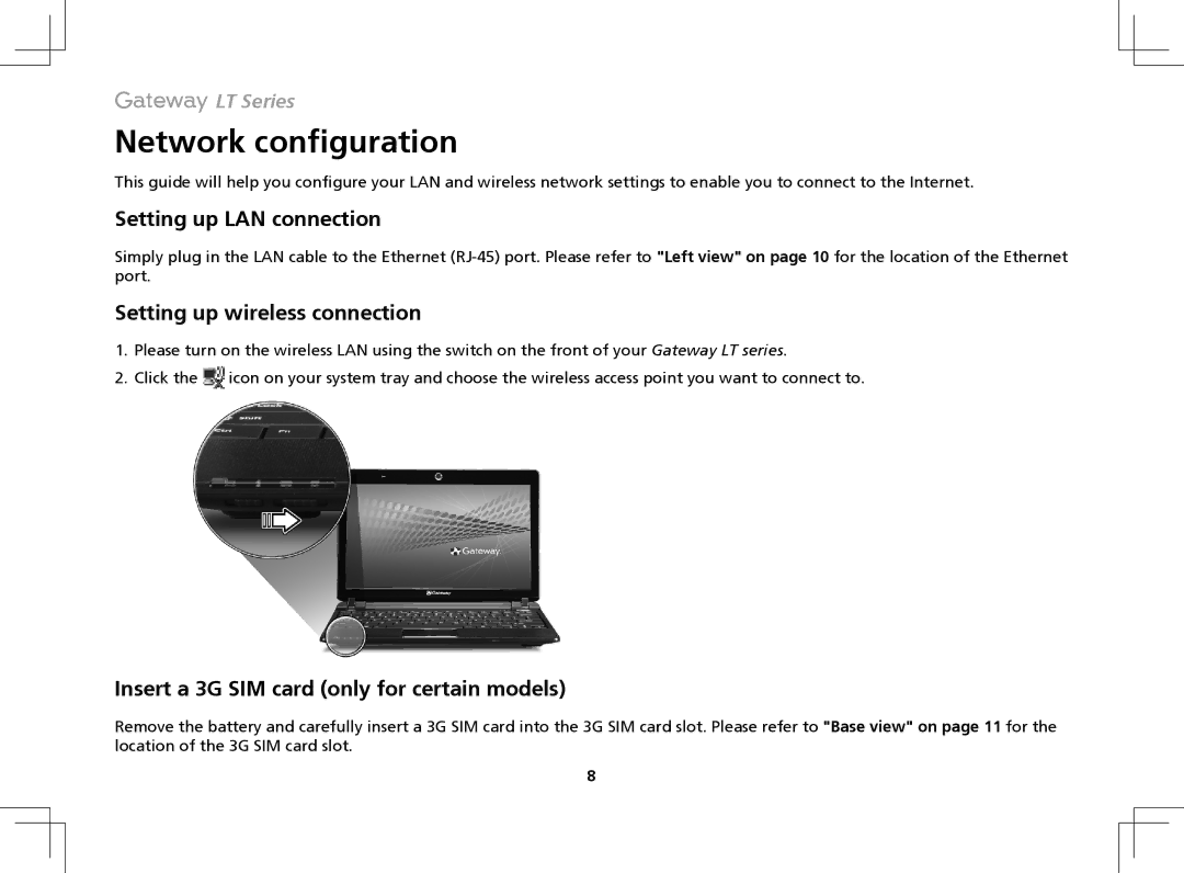 Gateway ZA8 manual Network configuration, Setting up LAN connection, Setting up wireless connection 