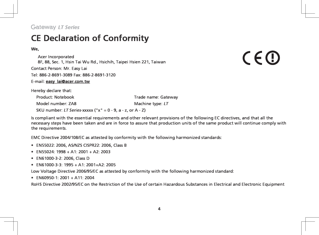 Gateway ZA8 manual CE Declaration of Conformity, E-mail easylai@acer.com.tw, LT Series 