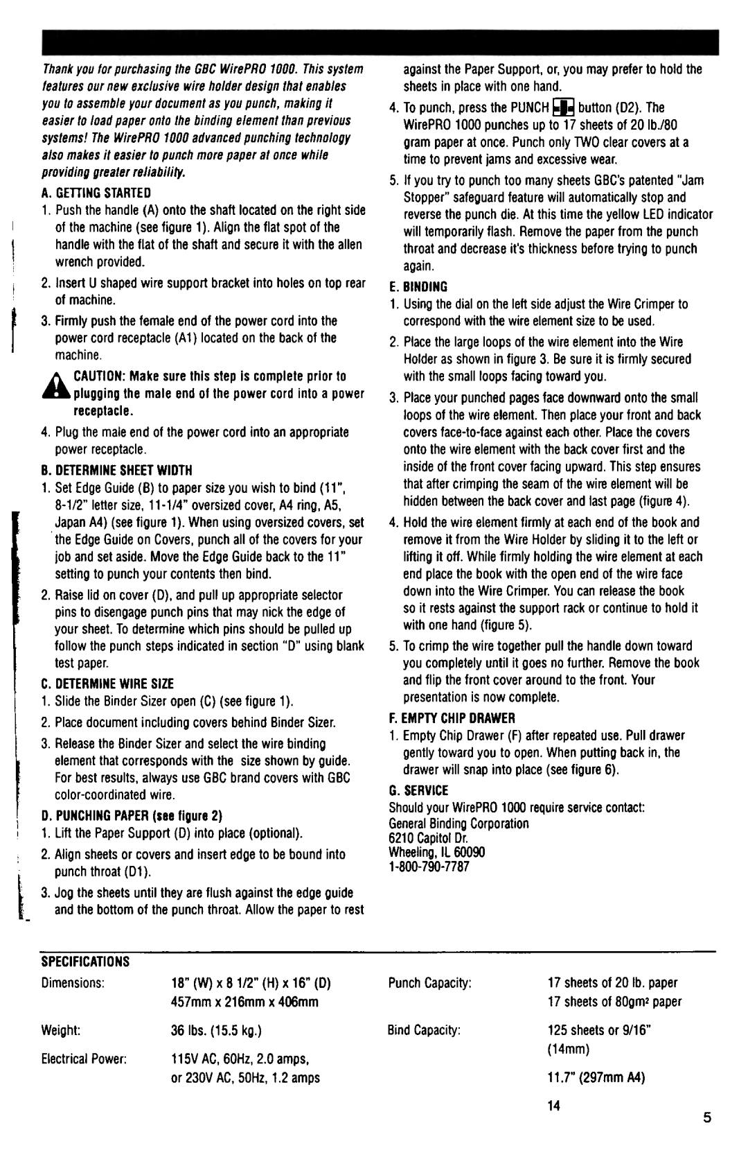 GBC 1000 manual Determinesheetwidth, Determinewiresize, Binding, Emptychipdrawer 