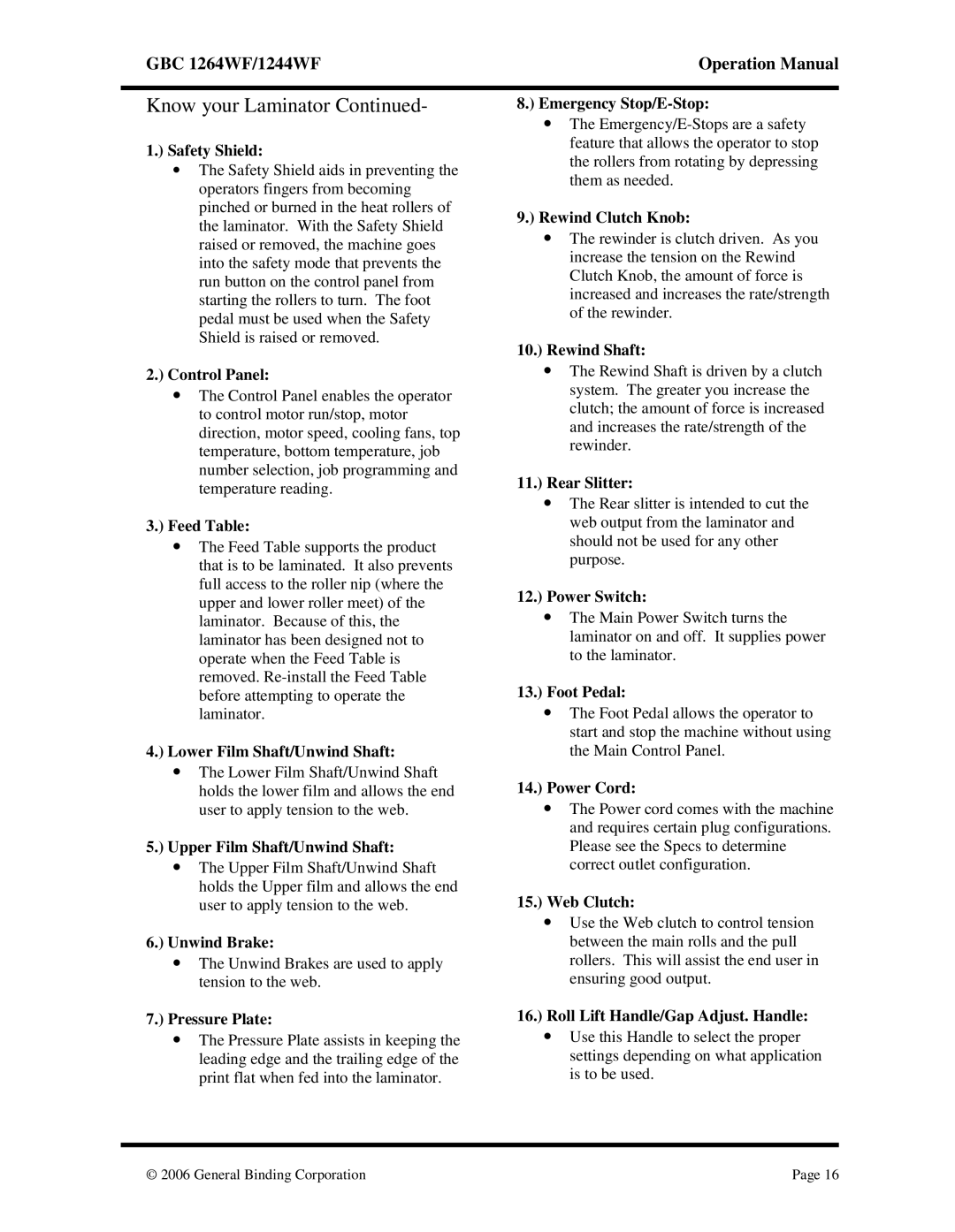 GBC 1264WF, 1244WF operation manual Unwind Brake 