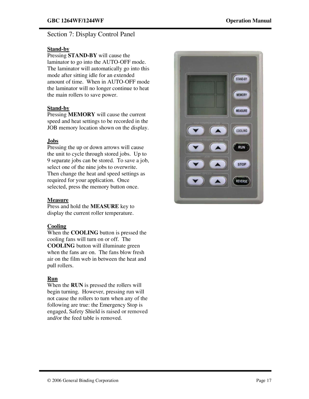 GBC 1244WF, 1264WF operation manual Display Control Panel 