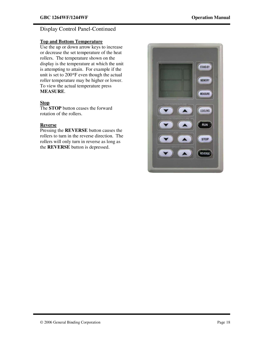 GBC 1264WF, 1244WF operation manual Top and Bottom Temperature, Stop, Reverse 