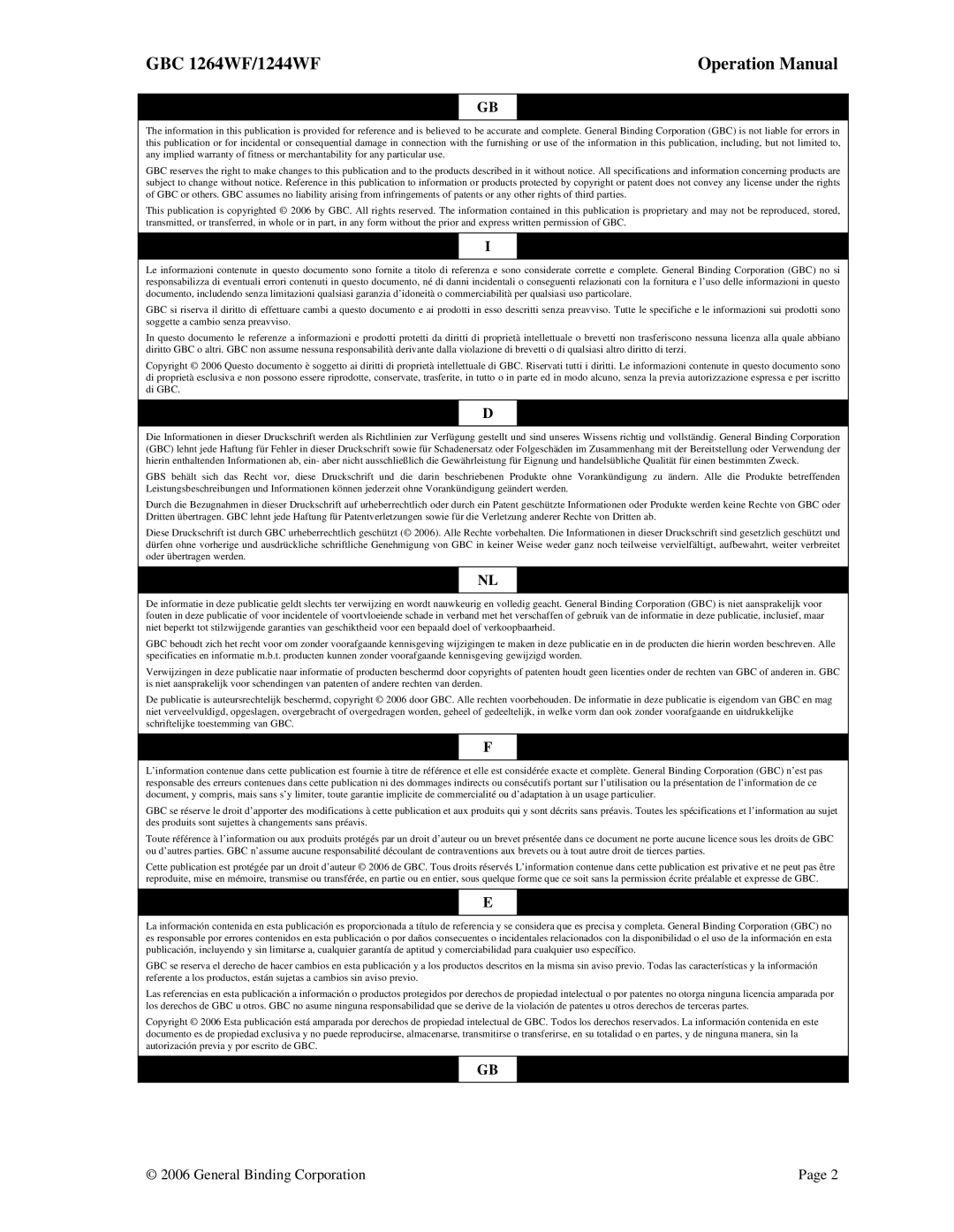 GBC operation manual GBC 1264WF/1244WF 