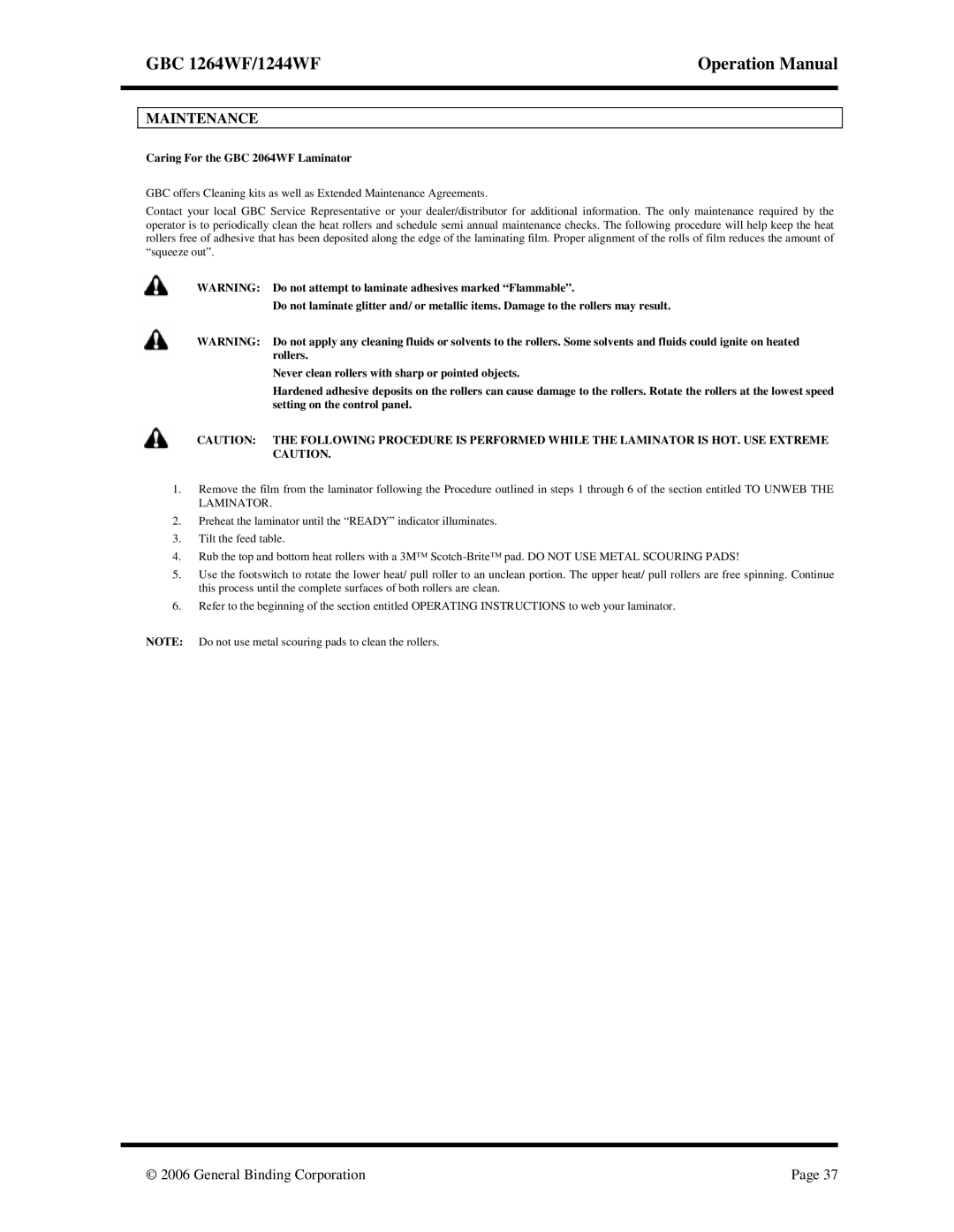 GBC 1244WF, 1264WF operation manual Maintenance, Caring For the GBC 2064WF Laminator 