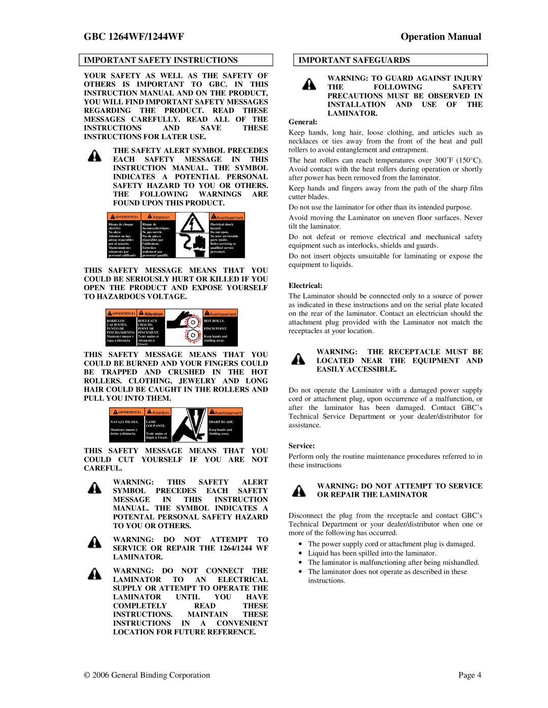 GBC 1264WF, 1244WF operation manual Important Safety Instructions, Important Safeguards, General, Electrical, Service 