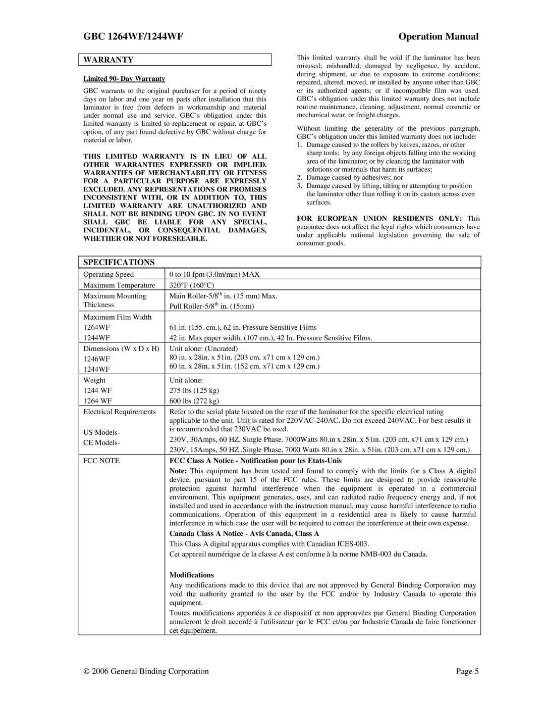 GBC 1244WF, 1264WF operation manual Warranty, Specifications 