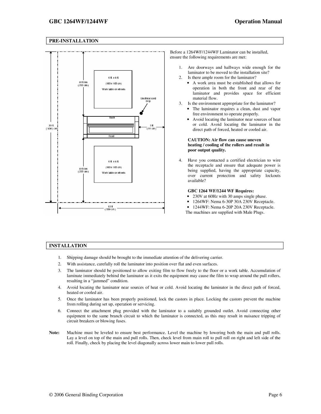 GBC 1264WF, 1244WF operation manual Pre-Installation, GBC 1264 WF/1244 WF Requires 