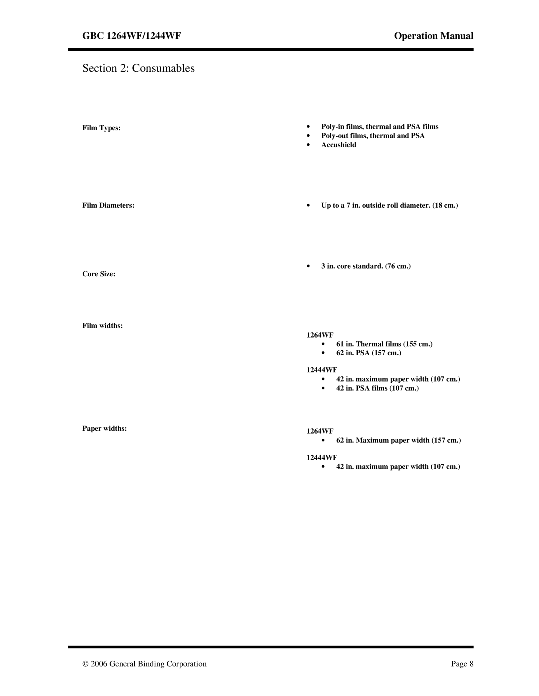 GBC 1264WF, 1244WF operation manual Consumables 