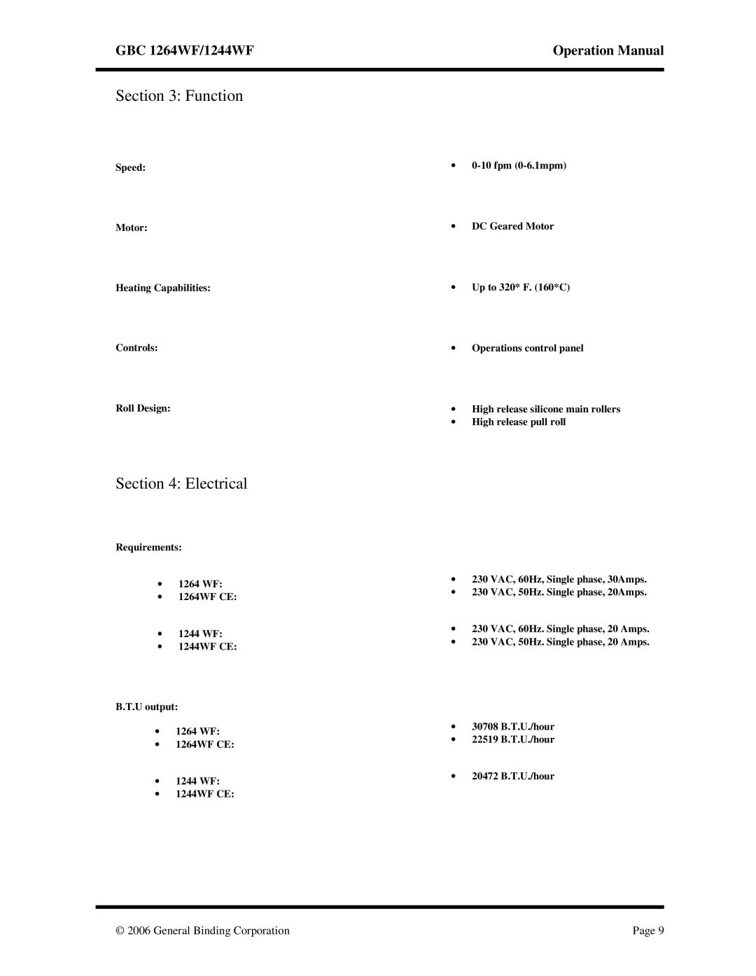 GBC 1244WF, 1264WF operation manual Function, Electrical, Speed Motor Heating Capabilities Controls Roll Design 