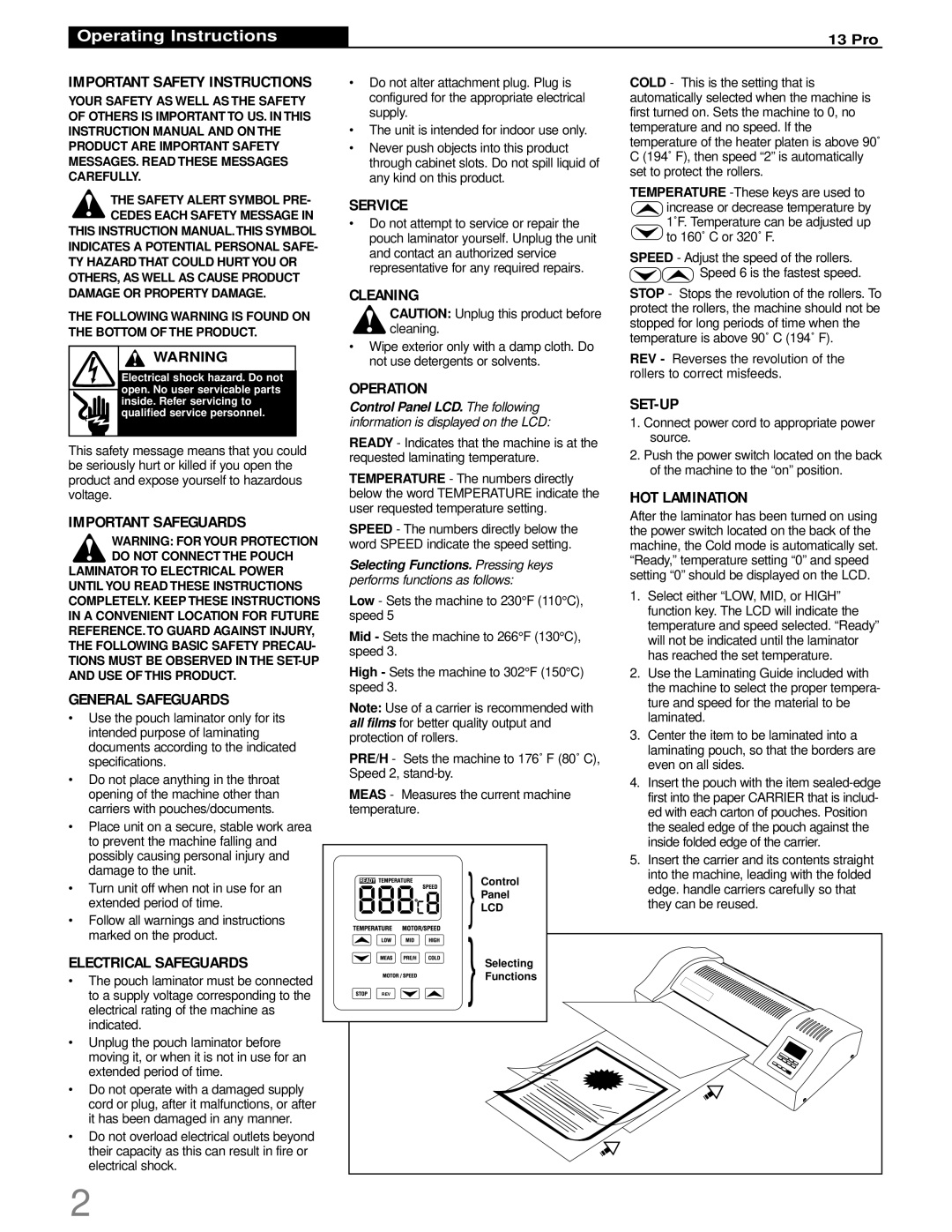 GBC 13 PRO Service, Important Safeguards, General Safeguards, Electrical Safeguards, Cleaning, Operation, Set-Up 