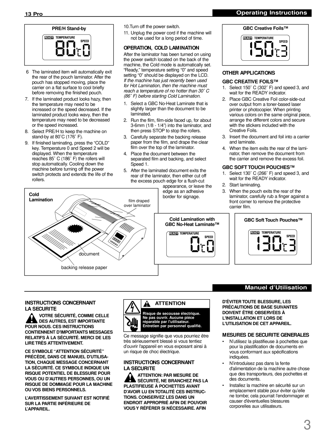 GBC 13 PRO Other Applications, OPERATION, Cold Lamination, GBC Creative Foils, GBC Soft Touch Pouches 