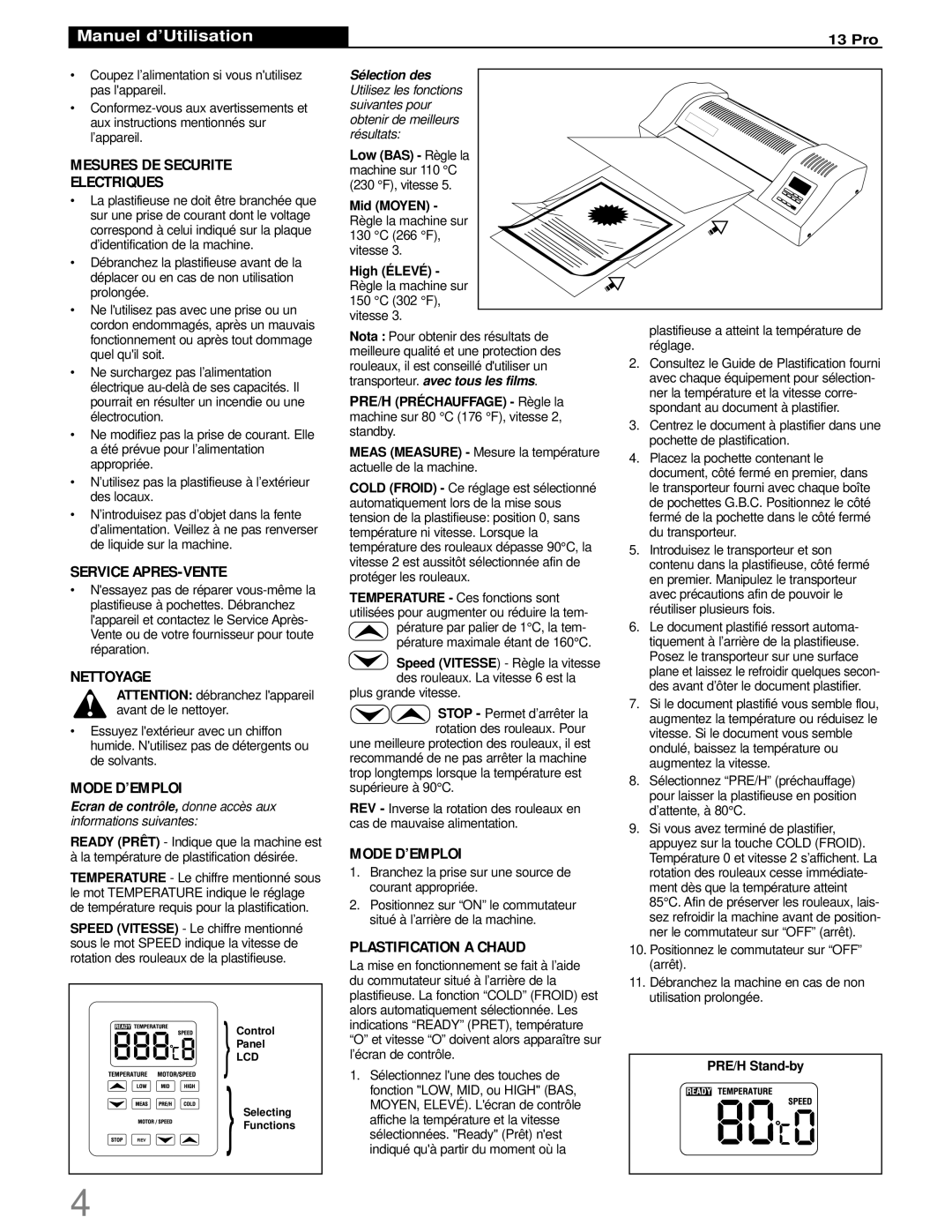 GBC 13 PRO Mesures DE Securite Electriques, Service APRES-VENTE, Nettoyage, Mode D’EMPLOI, Plastification a Chaud 