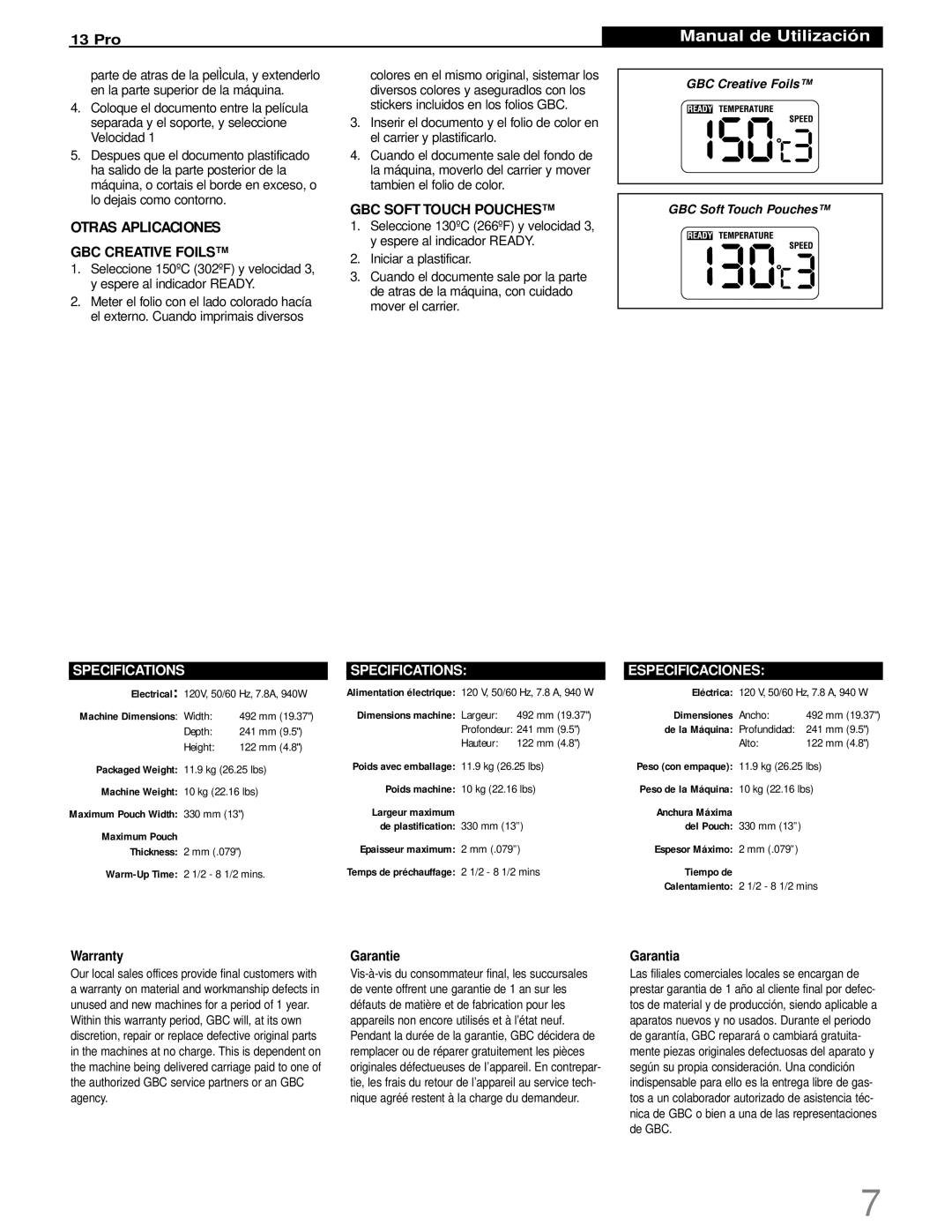 GBC 13 PRO operating instructions Otras Aplicaciones, GBC Creative Foils GBC Soft Touch Pouches 