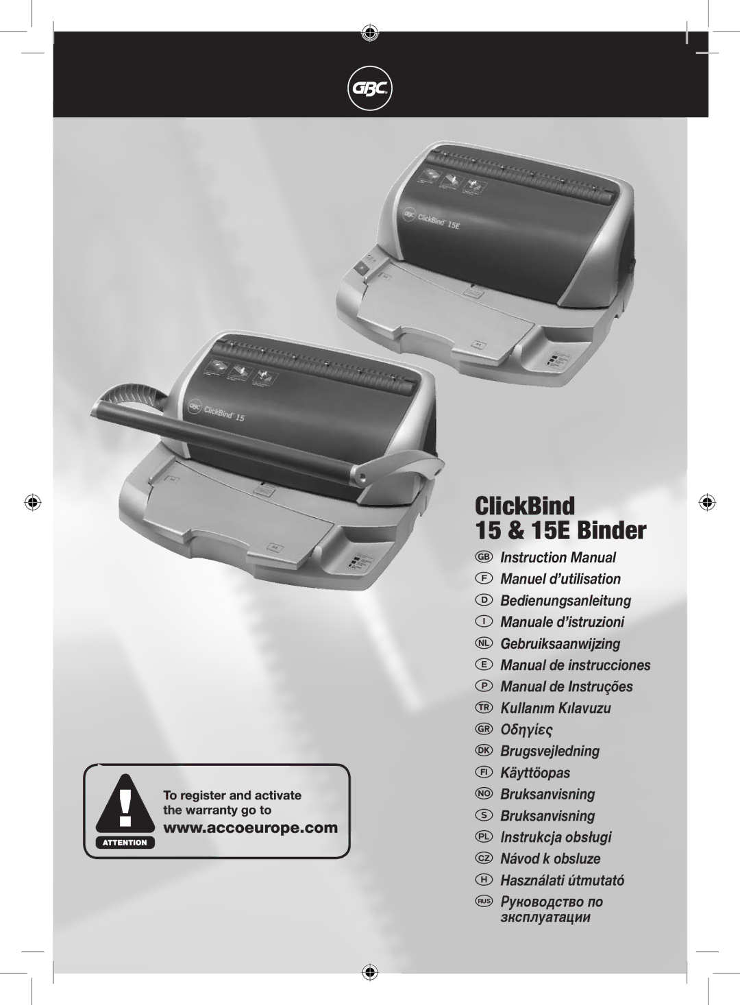 GBC instruction manual ClickBind 15 & 15E Binder 