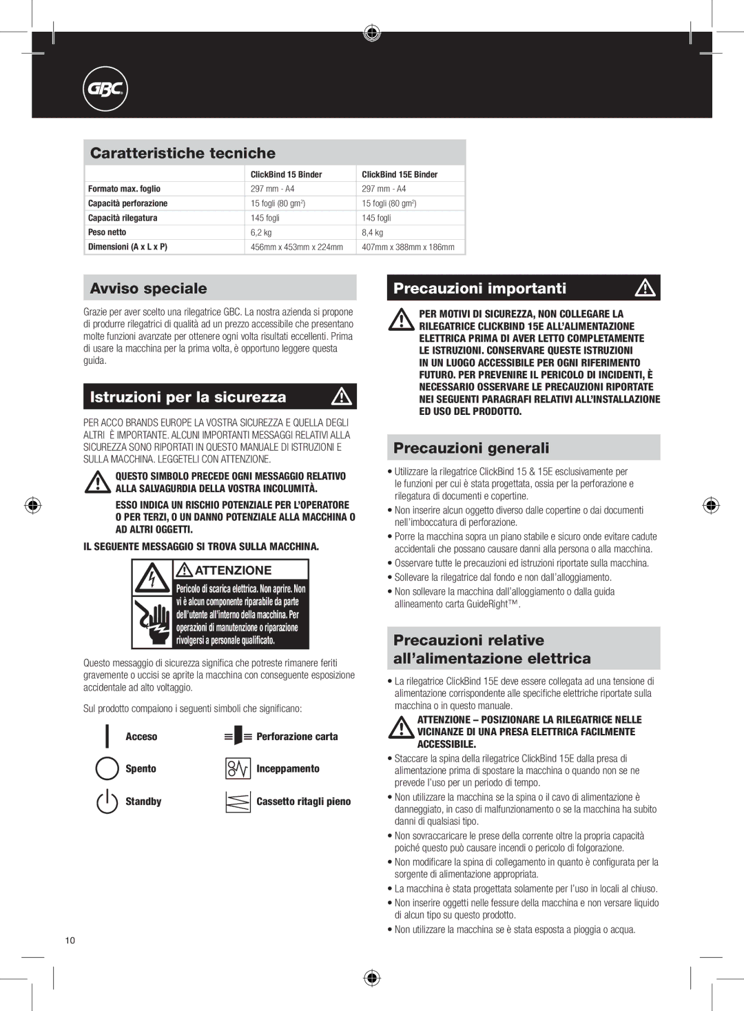 GBC 15E instruction manual Istruzioni per la sicurezza, Precauzioni importanti 