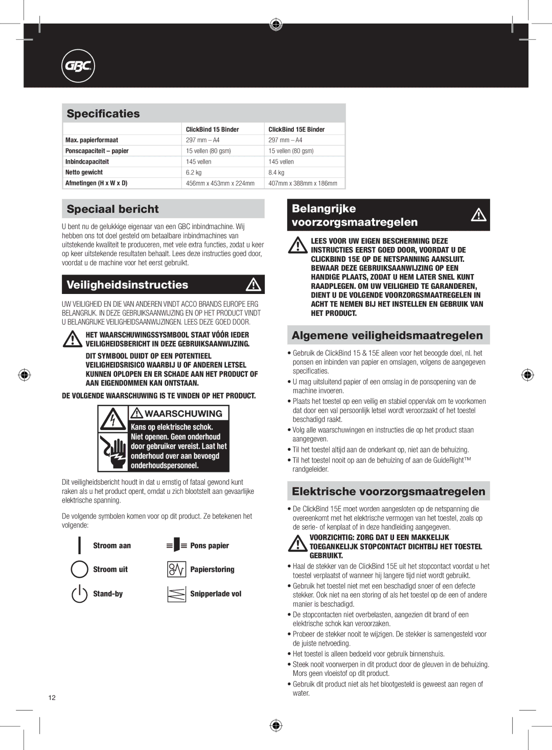 GBC 15E instruction manual Veiligheidsinstructies m, Belangrijkem voorzorgsmaatregelen 