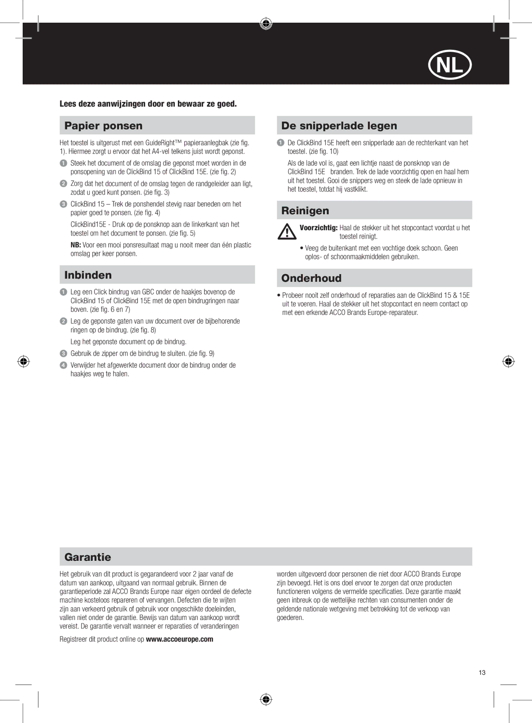 GBC 15E instruction manual Papier ponsen, Inbinden, De snipperlade legen, Reinigen, Onderhoud 