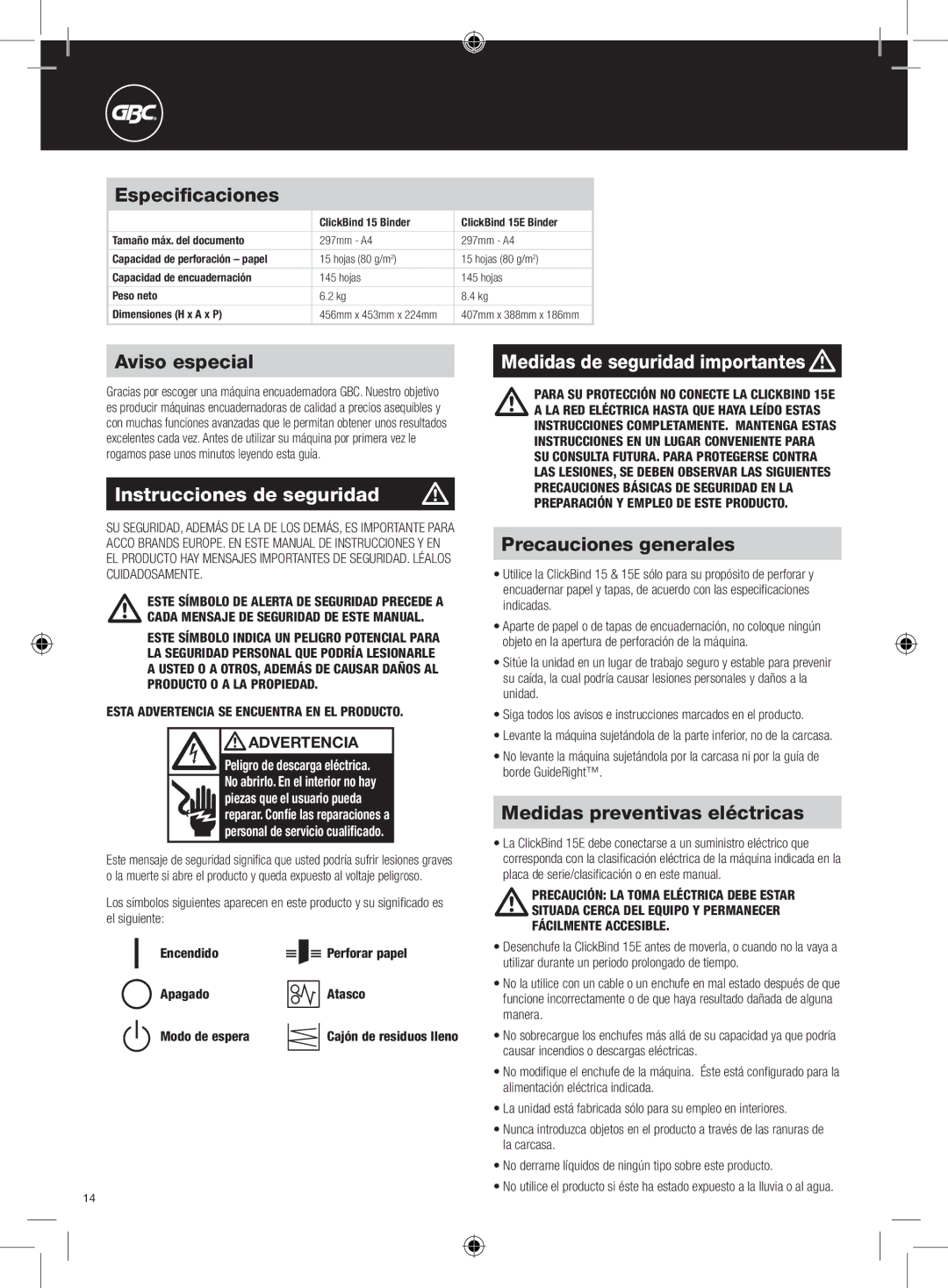 GBC 15E instruction manual Instrucciones de seguridad, Medidas de seguridad importantesm 