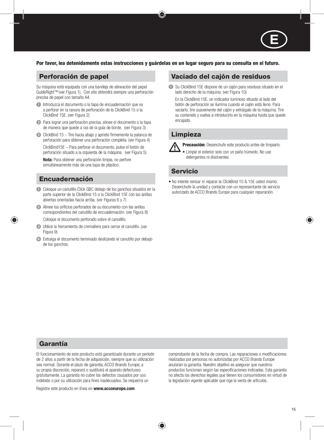 GBC 15E instruction manual Perforación de papel Vaciado del cajón de residuos, Encuadernación, Limpieza, Servicio, Garantía 