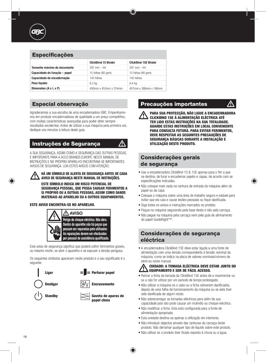 GBC 15E instruction manual Instruções de Segurança, Precauções importantes 