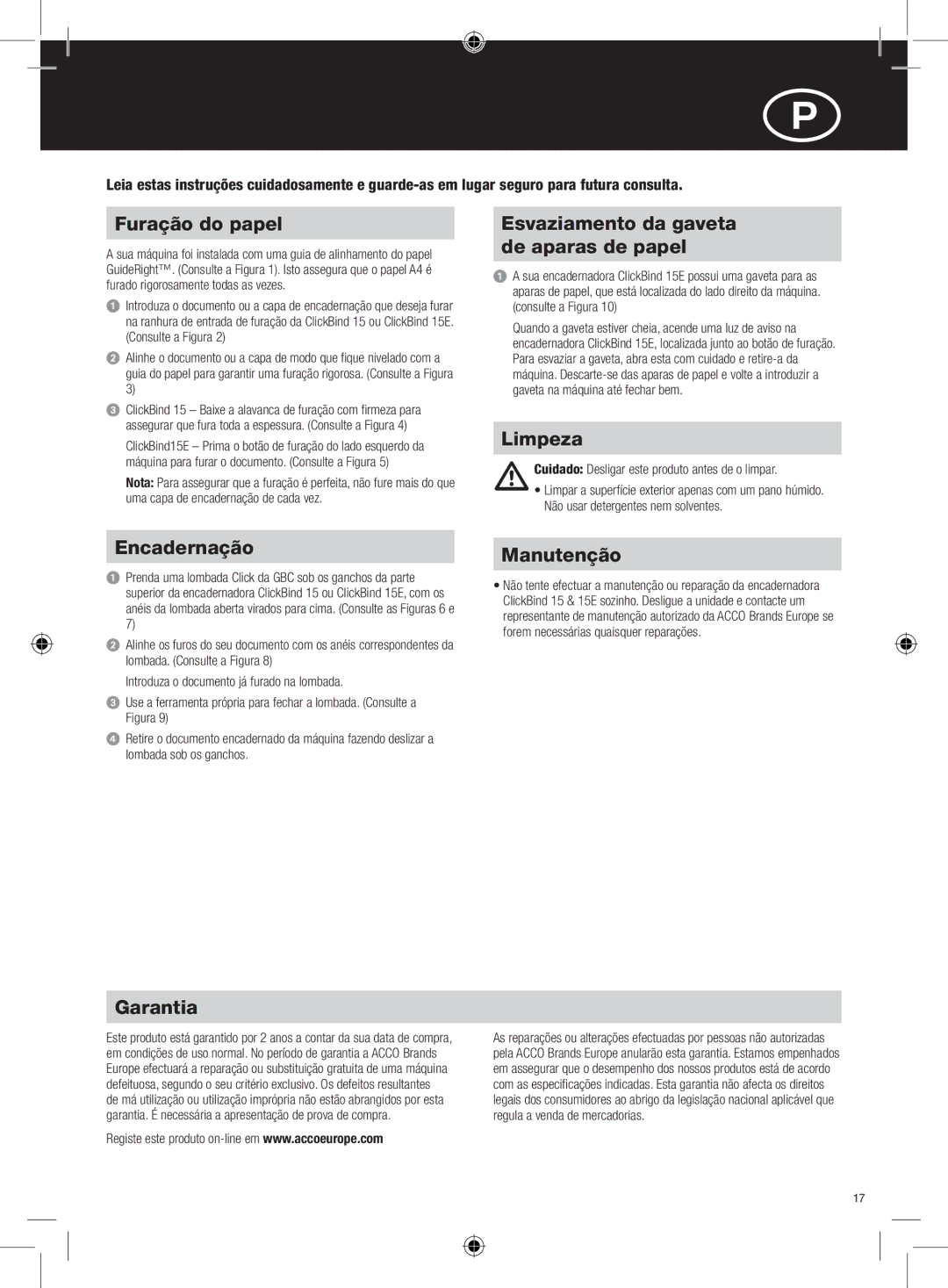 GBC 15E Furação do papel, Encadernação, Garantia, Esvaziamento da gaveta de aparas de papel, Limpeza, Manutenção 