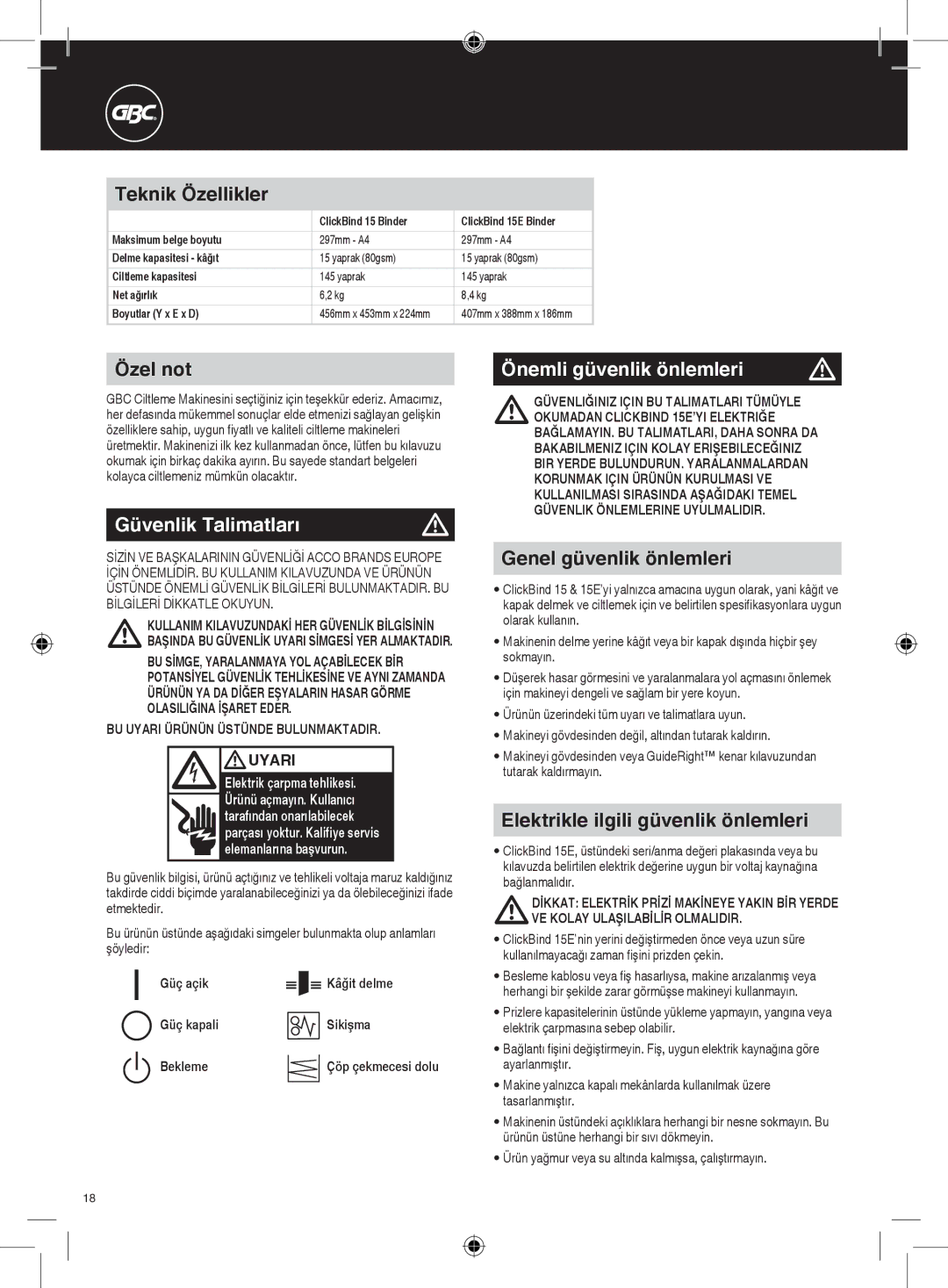 GBC 15E instruction manual Güvenlik Talimatları, Önemli güvenlik önlemleri 