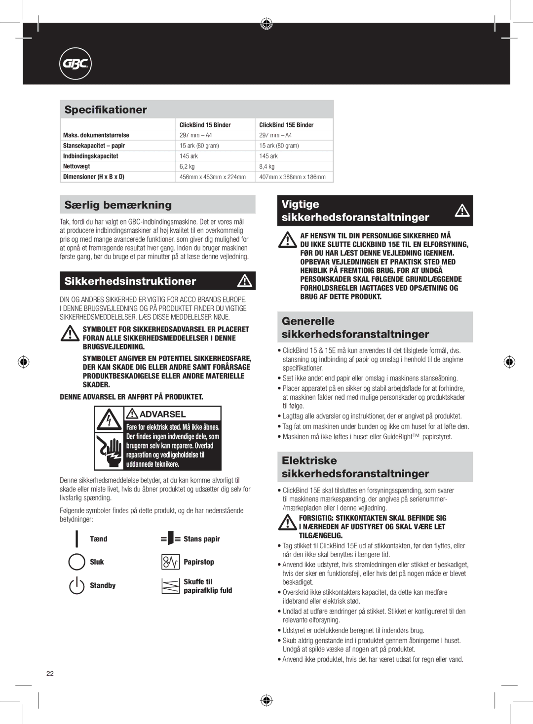 GBC 15E instruction manual Sikkerhedsinstruktioner m, Vigtigem sikkerhedsforanstaltninger 