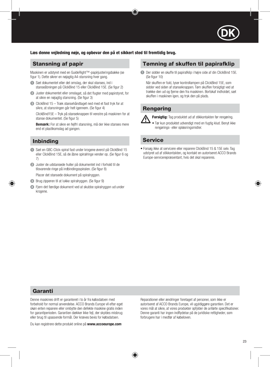 GBC 15E instruction manual Stansning af papir, Tømning af skuffen til papirafklip, Rengøring, Inbinding 