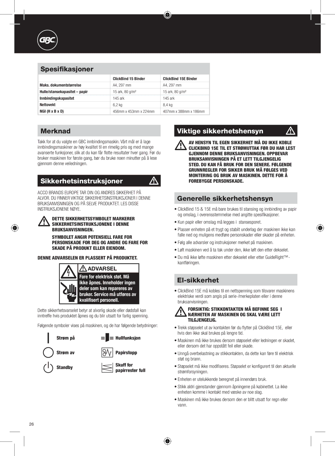 GBC 15E instruction manual Sikkerhetsinstruksjoner m, Viktige sikkerhetshensyn 