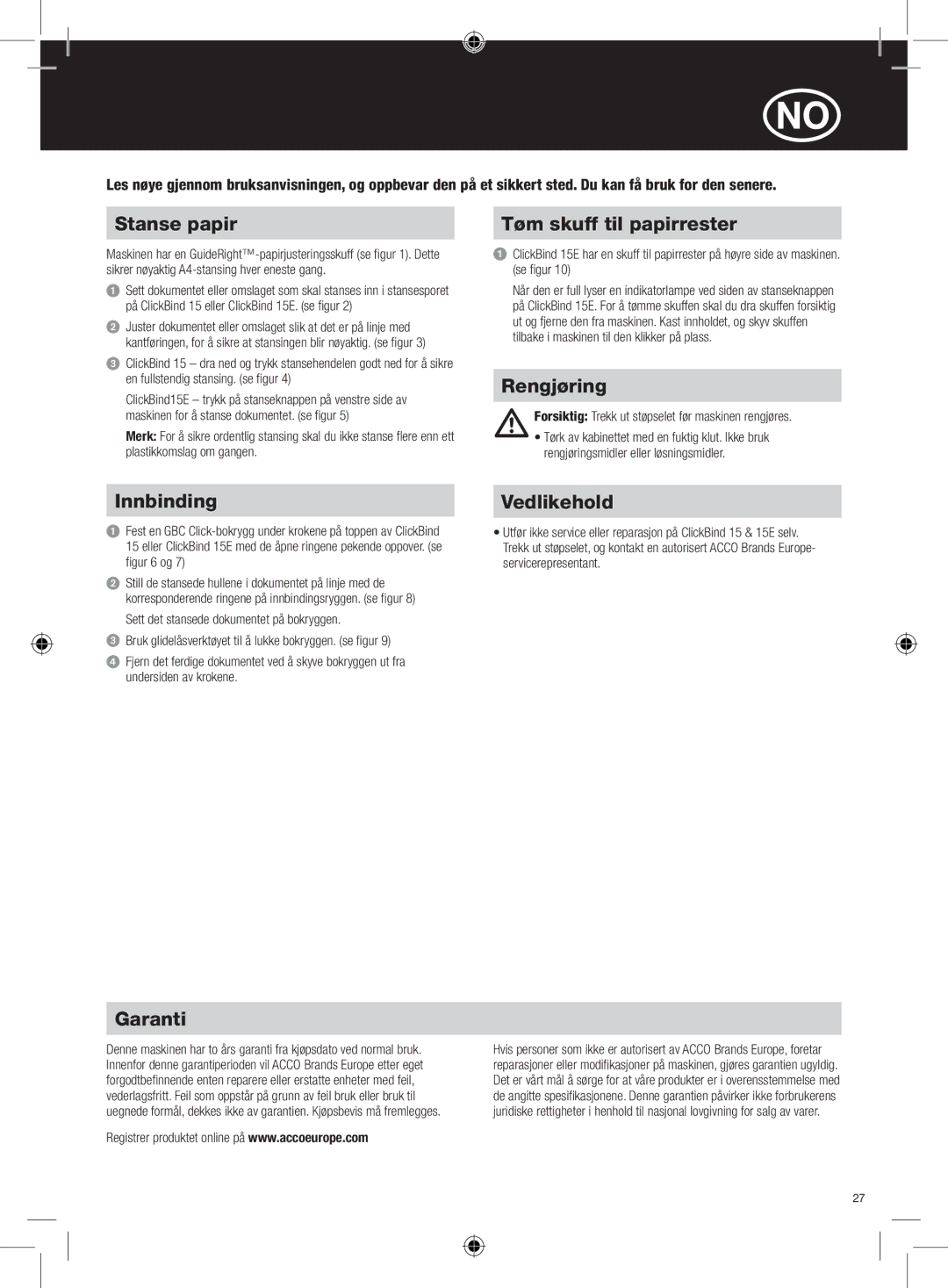 GBC 15E instruction manual Stanse papir Tøm skuff til papirrester, Innbinding, Rengjøring, Vedlikehold 