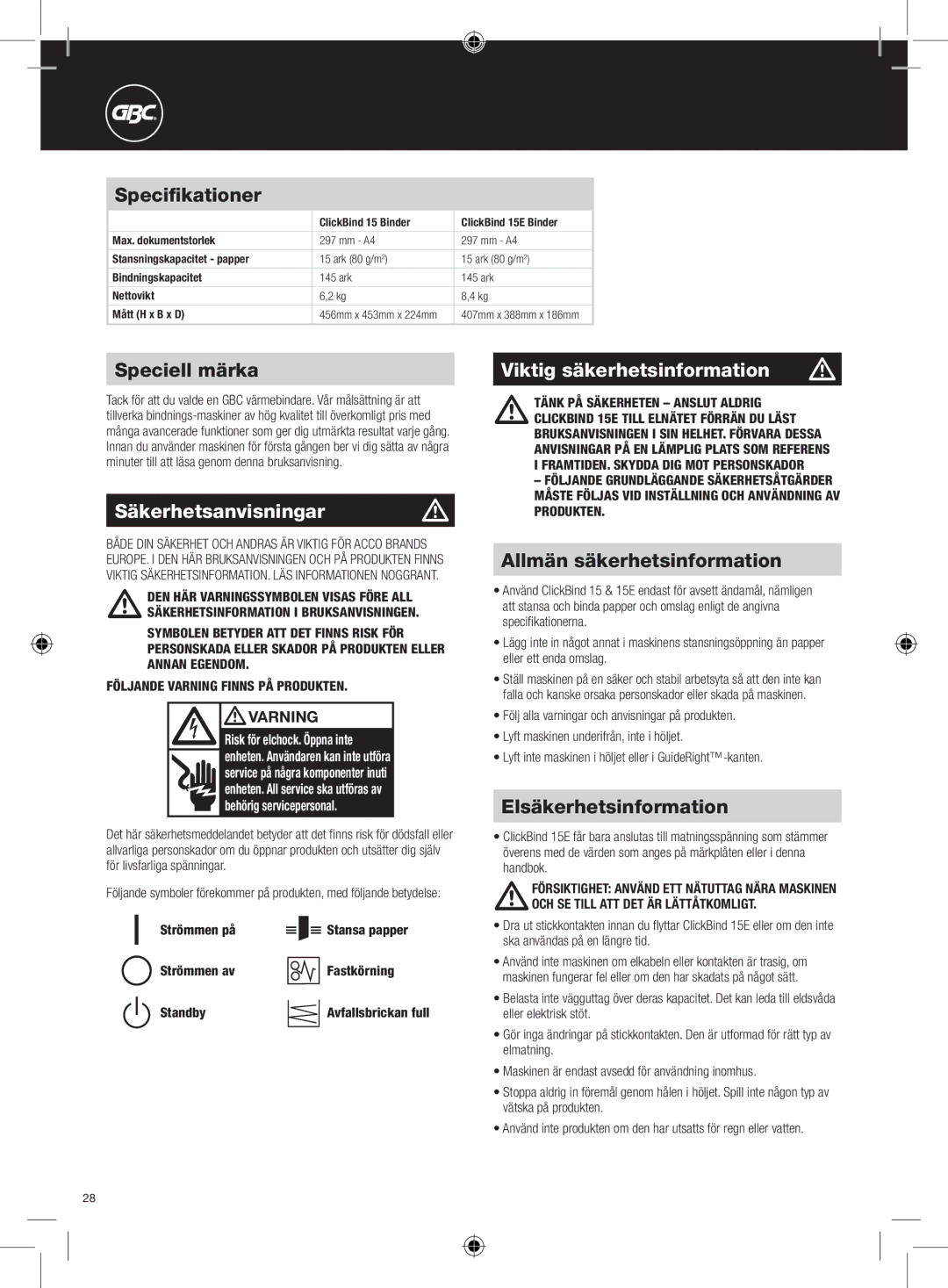 GBC 15E Speciell märka, Säkerhetsanvisningar m, Viktig säkerhetsinformation, Allmän säkerhetsinformation 