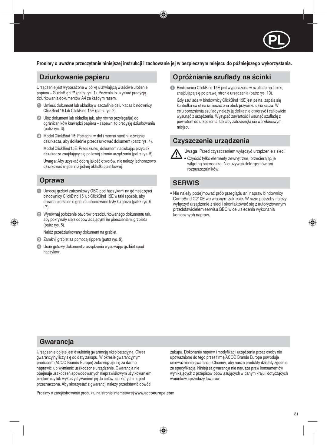 GBC 15E instruction manual Dziurkowanie papieru, Opróżnianie szuflady na ścinki, Czyszczenie urządzenia, Oprawa, Gwarancja 