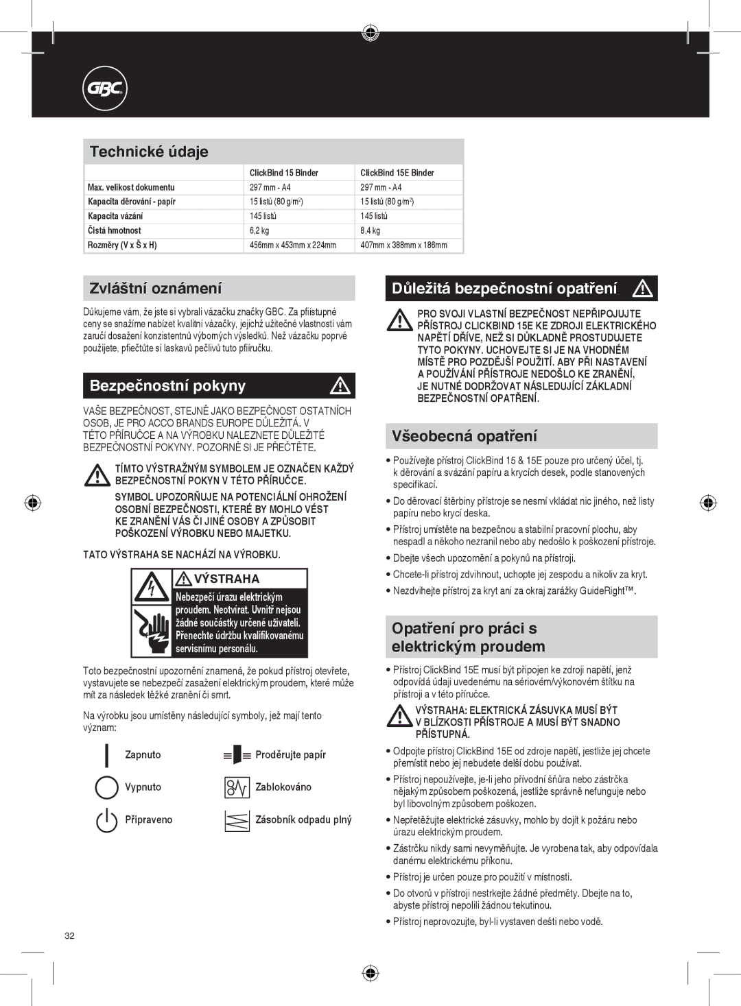 GBC 15E instruction manual Bezpečnostní pokyny, Důležitá bezpečnostní opatření m 