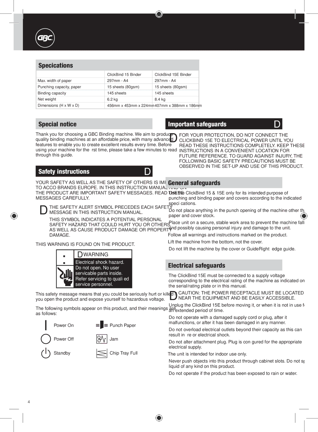 GBC 15E instruction manual Safety instructions, Important safeguards 