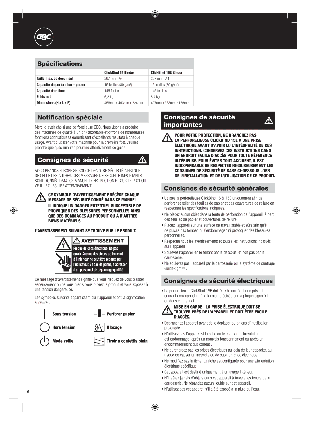 GBC 15E instruction manual Consignes de sécurité Importantes 