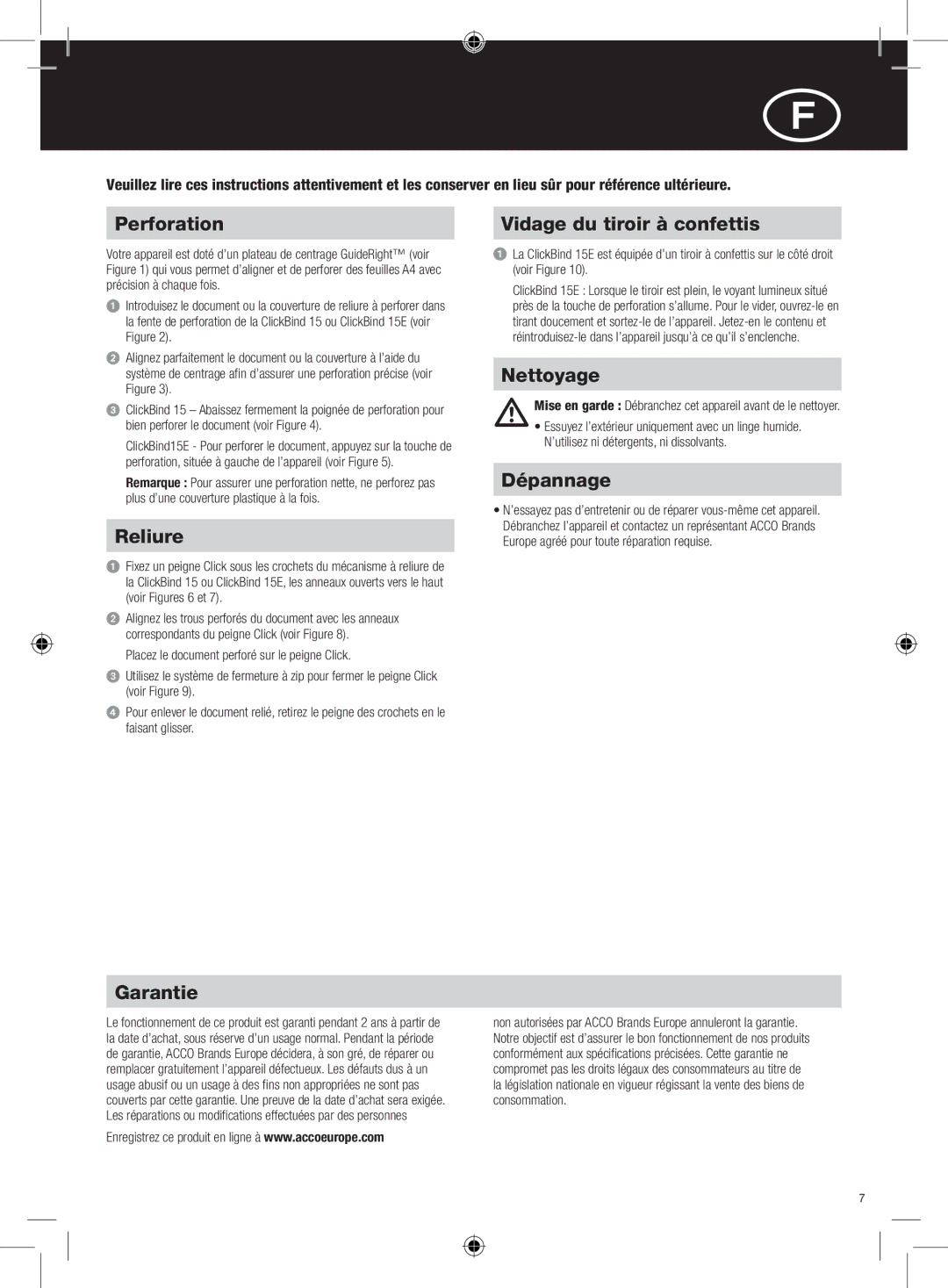 GBC 15E instruction manual Perforation, Reliure, Garantie, Vidage du tiroir à confettis, Nettoyage, Dépannage 