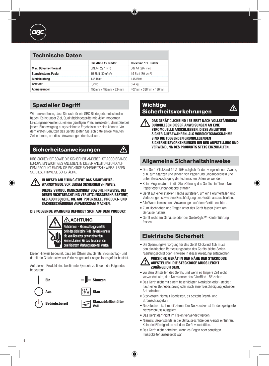 GBC 15E instruction manual Sicherheitsanweisungen m, Wichtigem Sicherheitsvorkehrungen 