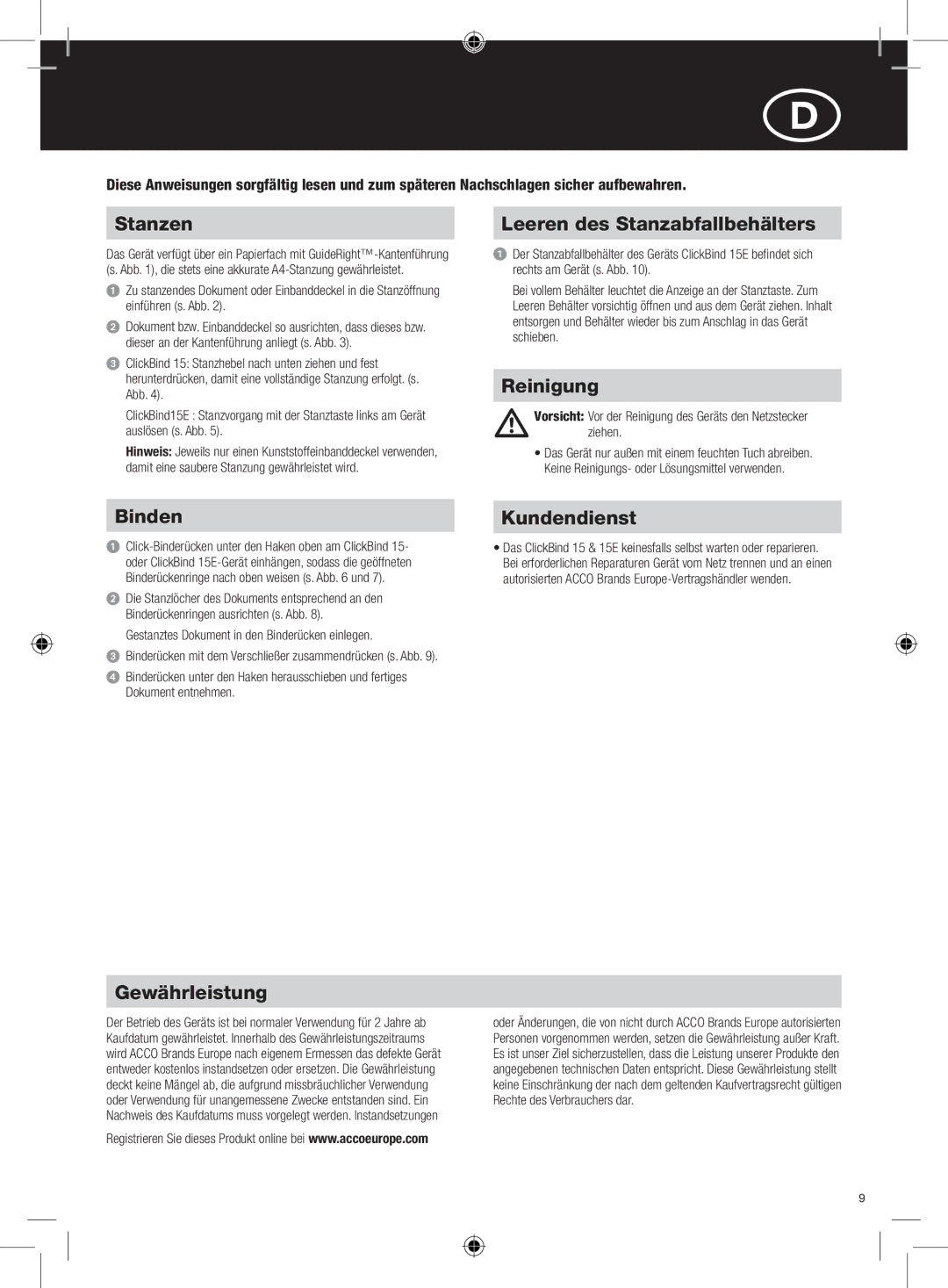 GBC 15E instruction manual Stanzen, Leeren des Stanzabfallbehälters, Reinigung, Binden, Gewährleistung, Kundendienst 