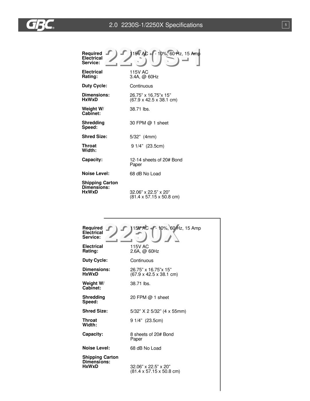 GBC service manual 2230S-1/2250X Specifications 