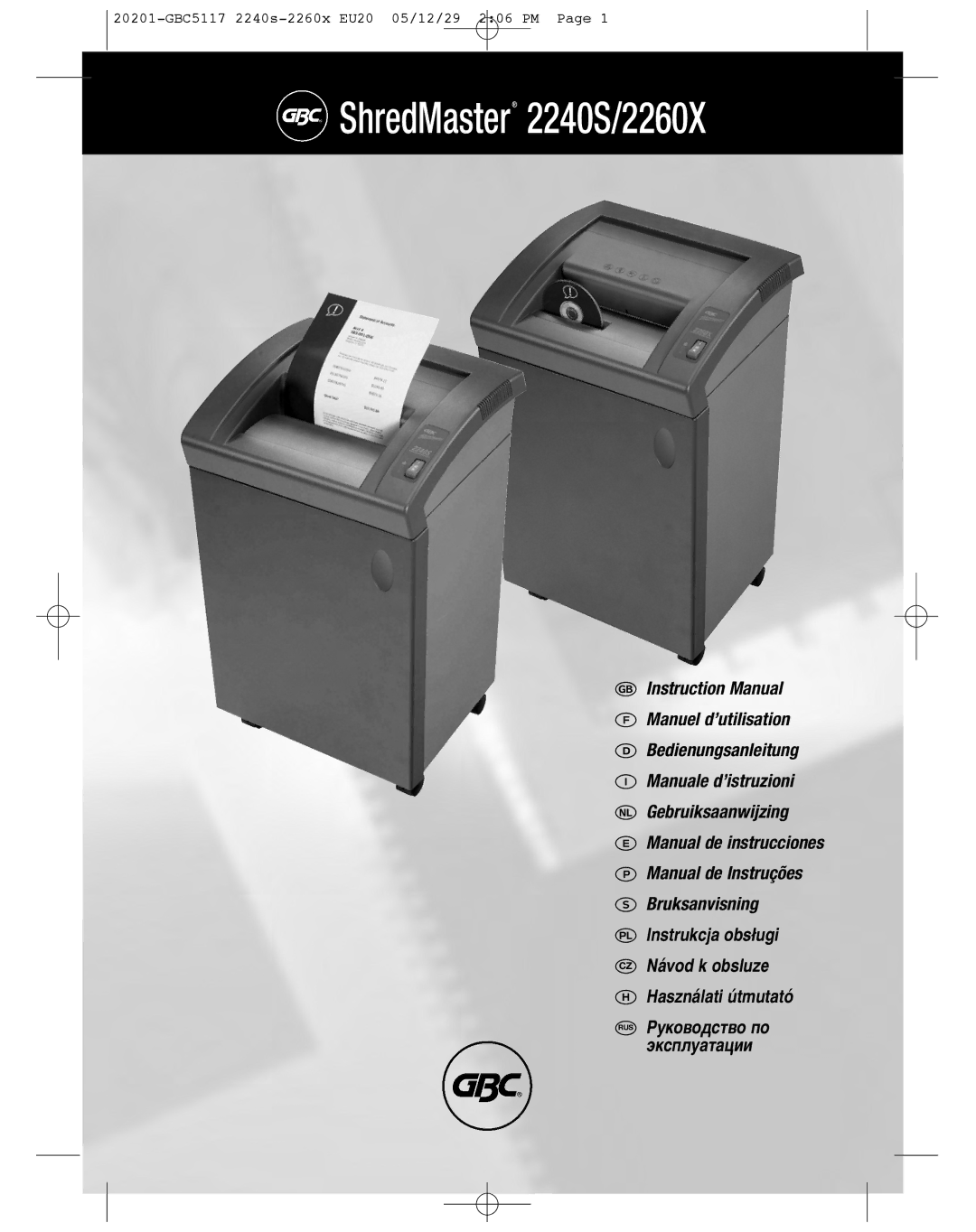 GBC instruction manual ShredMaster 2240S/2260X 