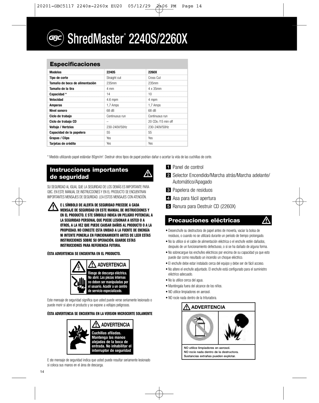 GBC 2240S, 2260X Especificaciones, Instrucciones importantes de seguridad, Precauciones eléctricas, Advertencia 