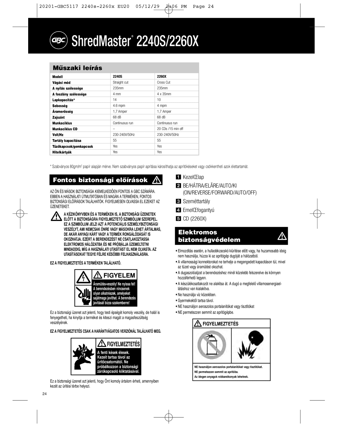 GBC 2240S, 2260X instruction manual Mıszaki leírás, Figyelmeztetés 