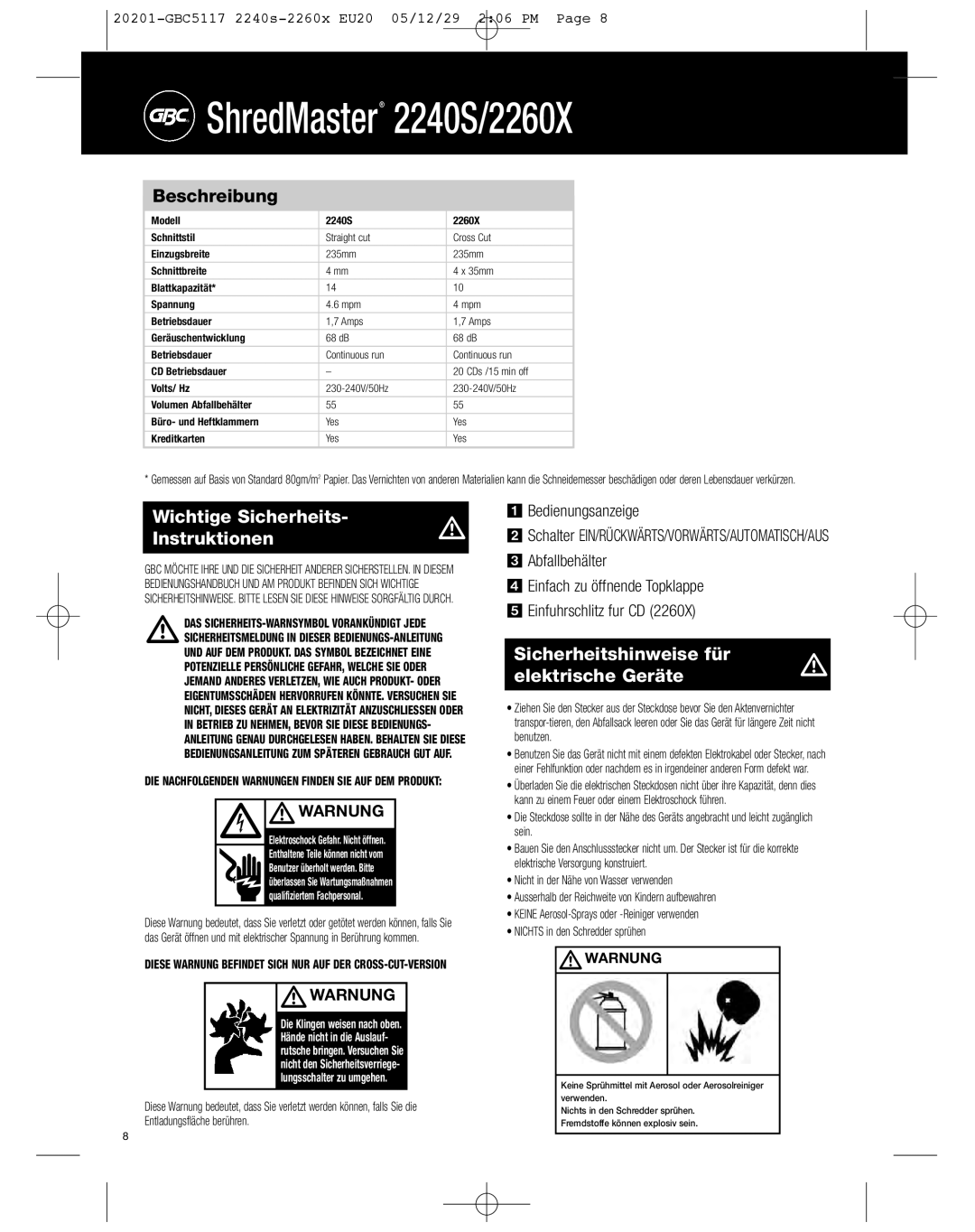 GBC 2240S, 2260X Beschreibung, Wichtige Sicherheits Instruktionen, Sicherheitshinweise für elektrische Geräte, Warnung 