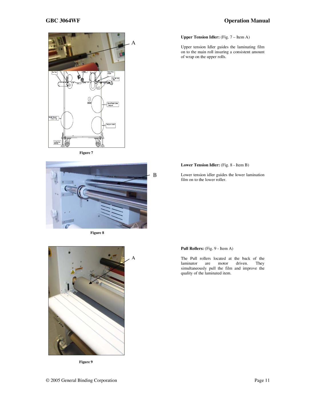 GBC 3064WF operation manual Upper Tension Idler Item a, Lower Tension Idler Item B 