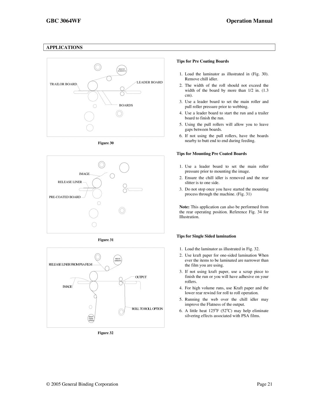 GBC 3064WF operation manual Applications, Tips for Pre Coating Boards, Tips for Mounting Pre Coated Boards 