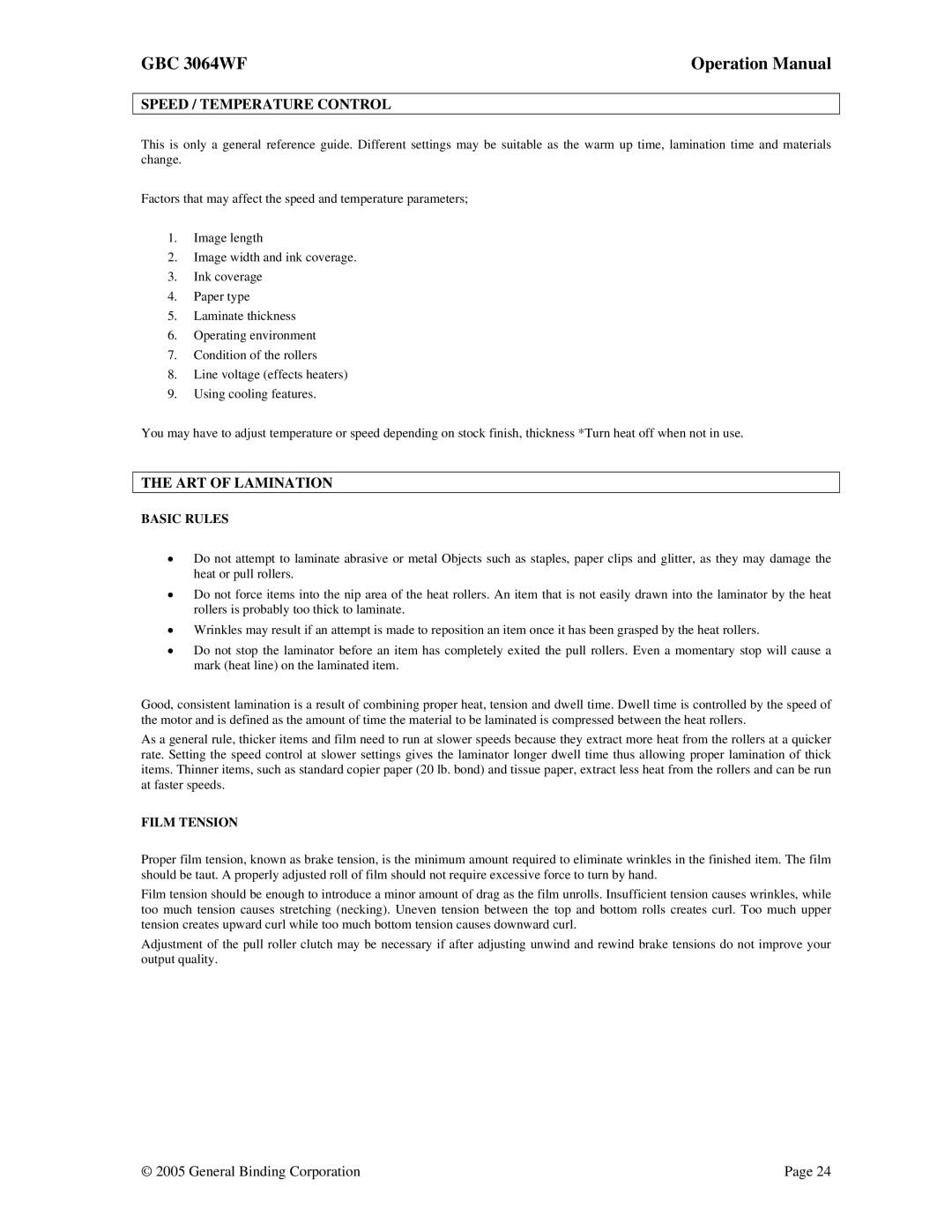 GBC 3064WF operation manual Speed / Temperature Control, ART of Lamination 