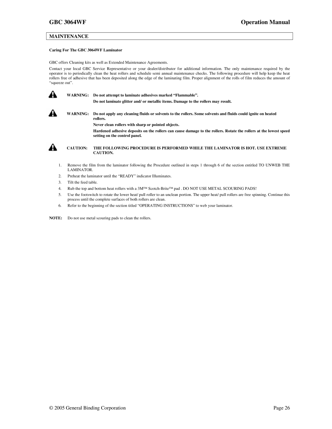 GBC operation manual Maintenance, Caring For The GBC 3064WF Laminator 