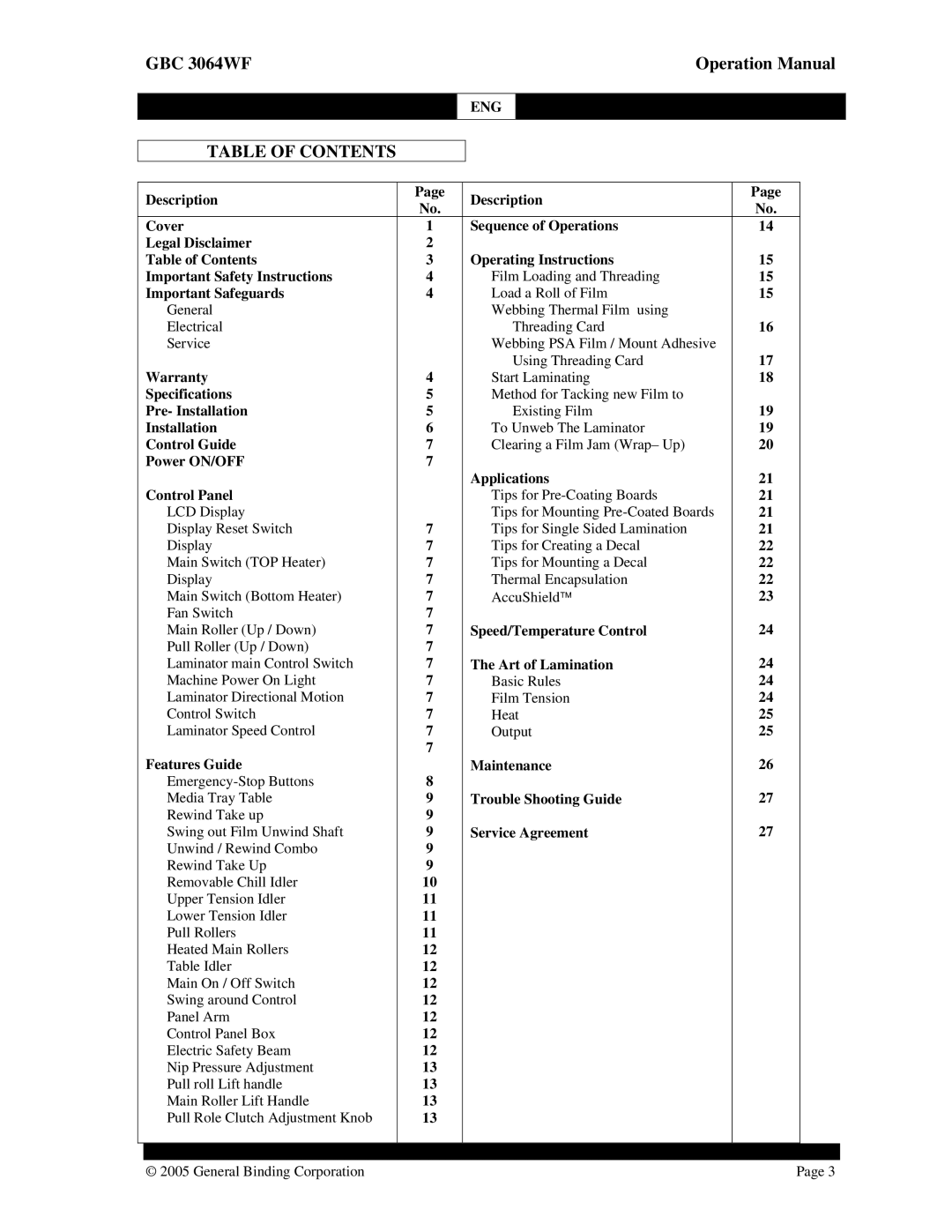 GBC 3064WF operation manual Table of Contents 