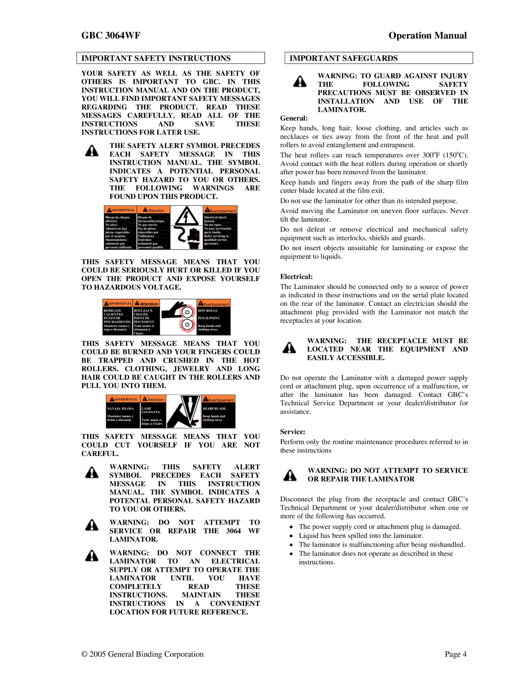 GBC 3064WF operation manual Important Safety Instructions, Important Safeguards, General, Electrical, Service 